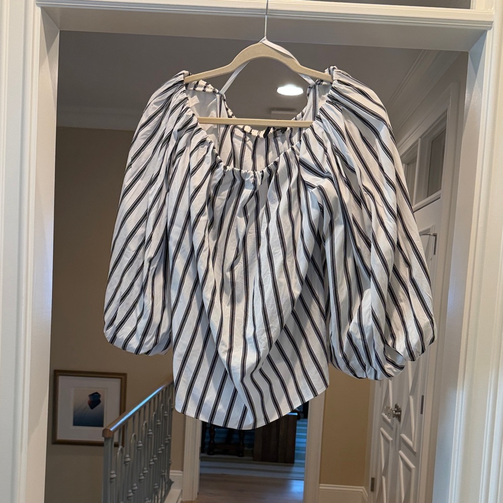 WHBM Striped Off-Shoulder Puff Sleeve Blouse - Black & White